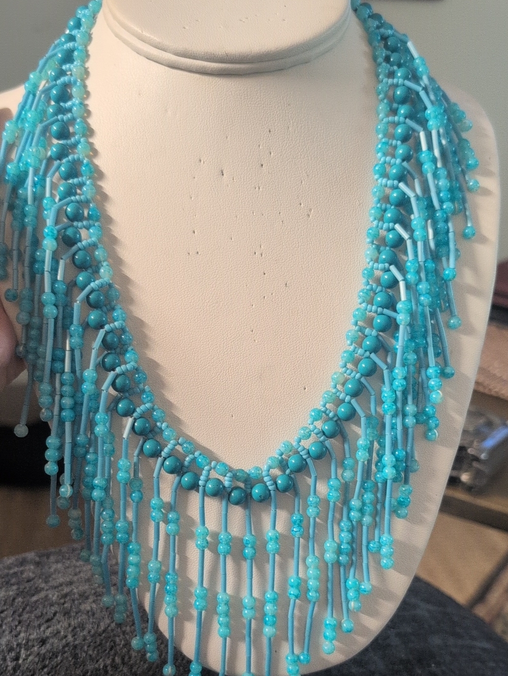 Faux Turquoise Beaded Fringe Necklace - Women Jewelry